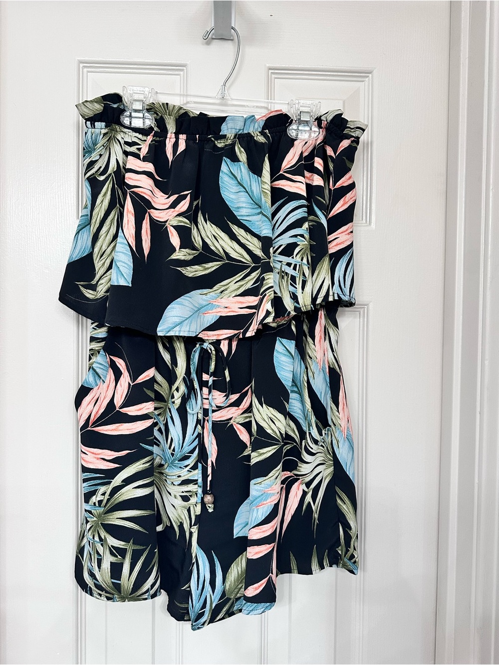 Tropical Strapless Romper in Black with Pastel Leaf Print